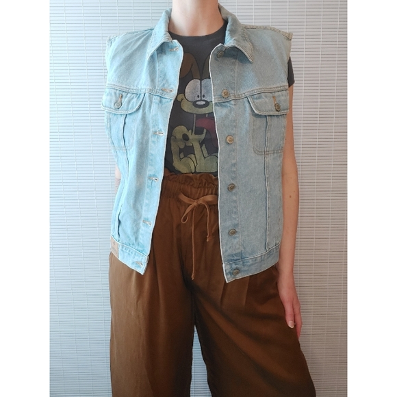 VINTAGE Denim Vest Large 80s 90s Gitano Sleeveless Jean Jacket Light Wash - Picture 1 of 14